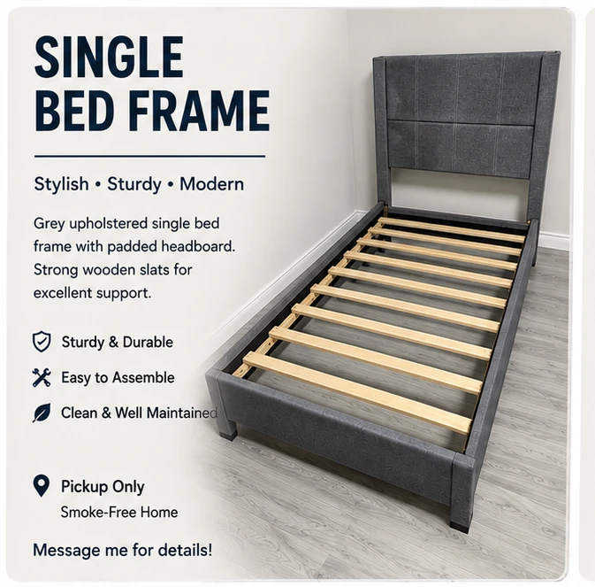 Single Bed Frame - Grey Upholstered