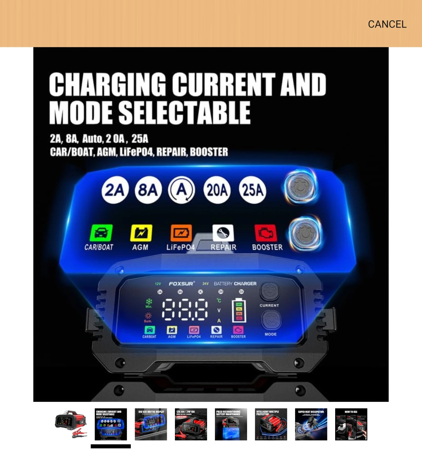 Foxsur 12V 25A / 24V 15A Smart Battery Charger - photo 2