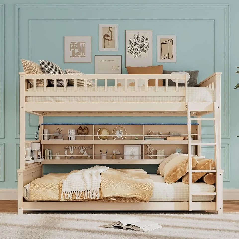 Wooden Full XL over Queen Bunk Bed with Shelves