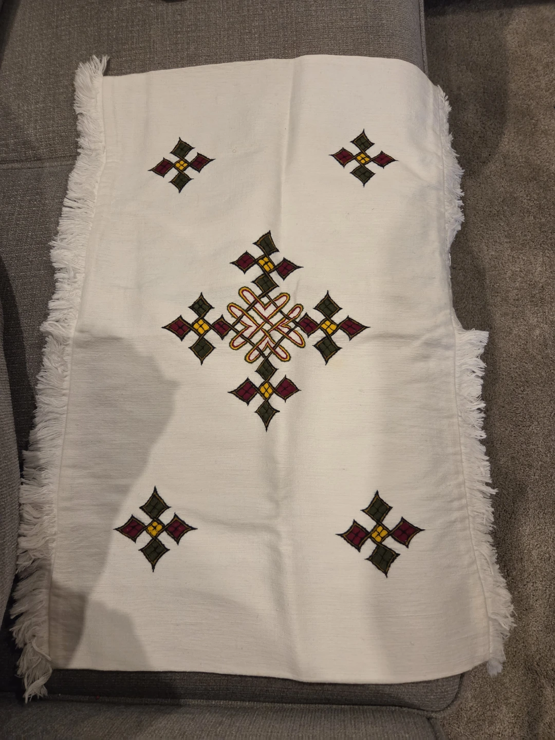 White Table Runner with Ethiopian Cross Embroidery