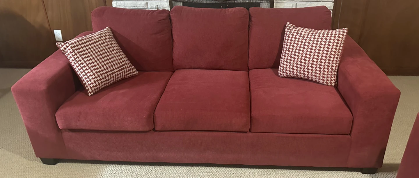 Leon's "Fava" Condo-Sized Red Sofa w/ Houndstooth Pillows