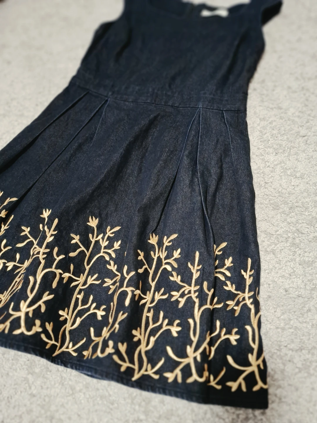 Denim Dress with Gold Floral Embroidery
