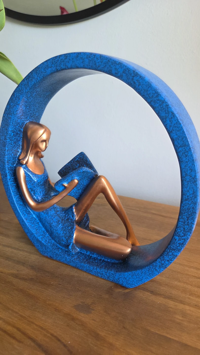 Smart Reading Woman Sculpture – Blue & Copper Figurine *new