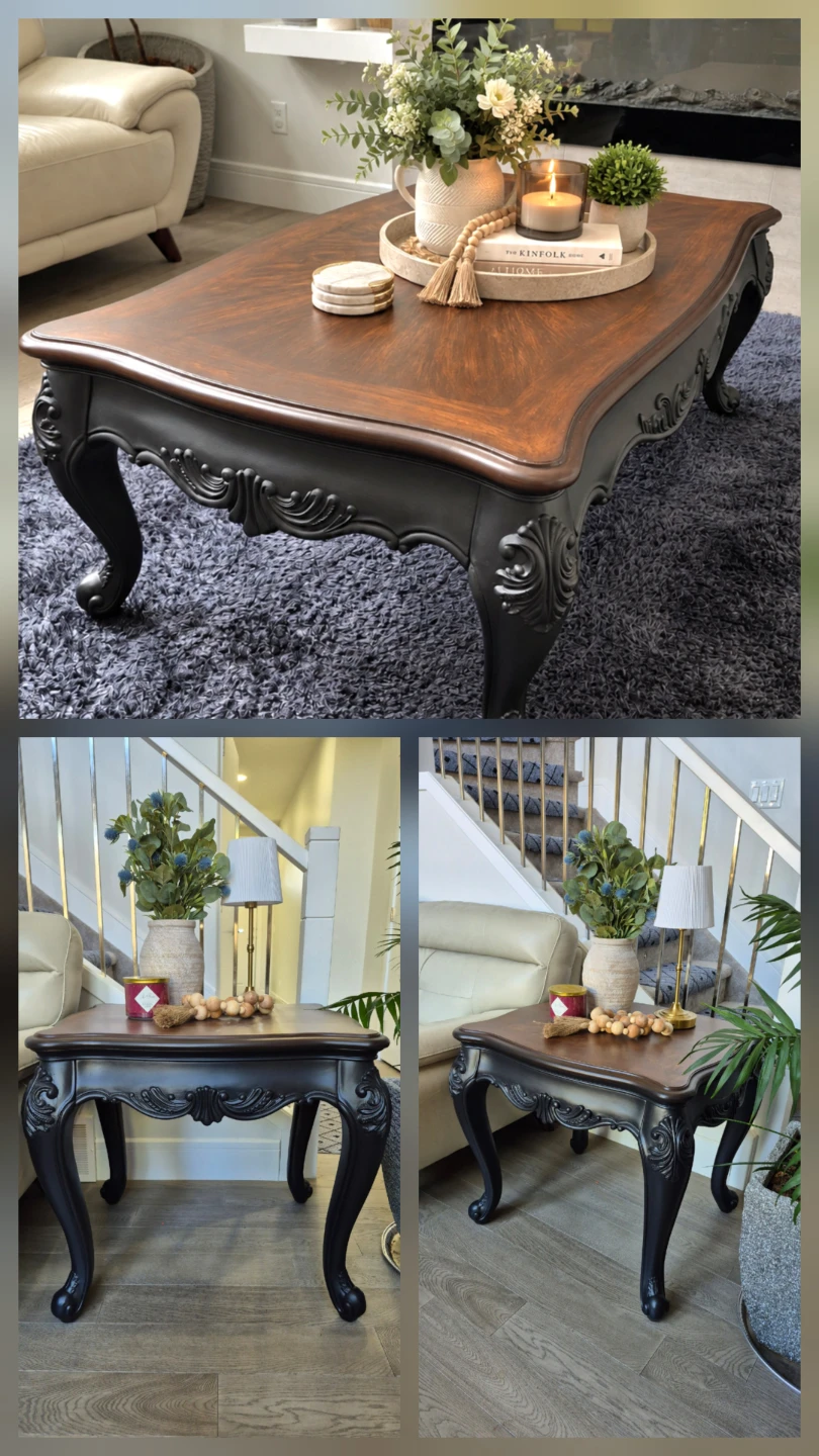 Wood Coffee Table & End Table Set – Dark Walnut & Matte Black