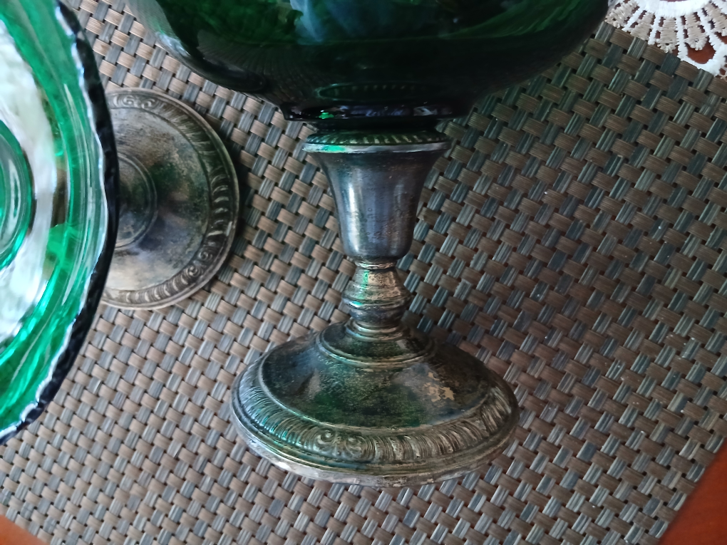 Vintage emerald green glass sterling silver bowl, - photo 4