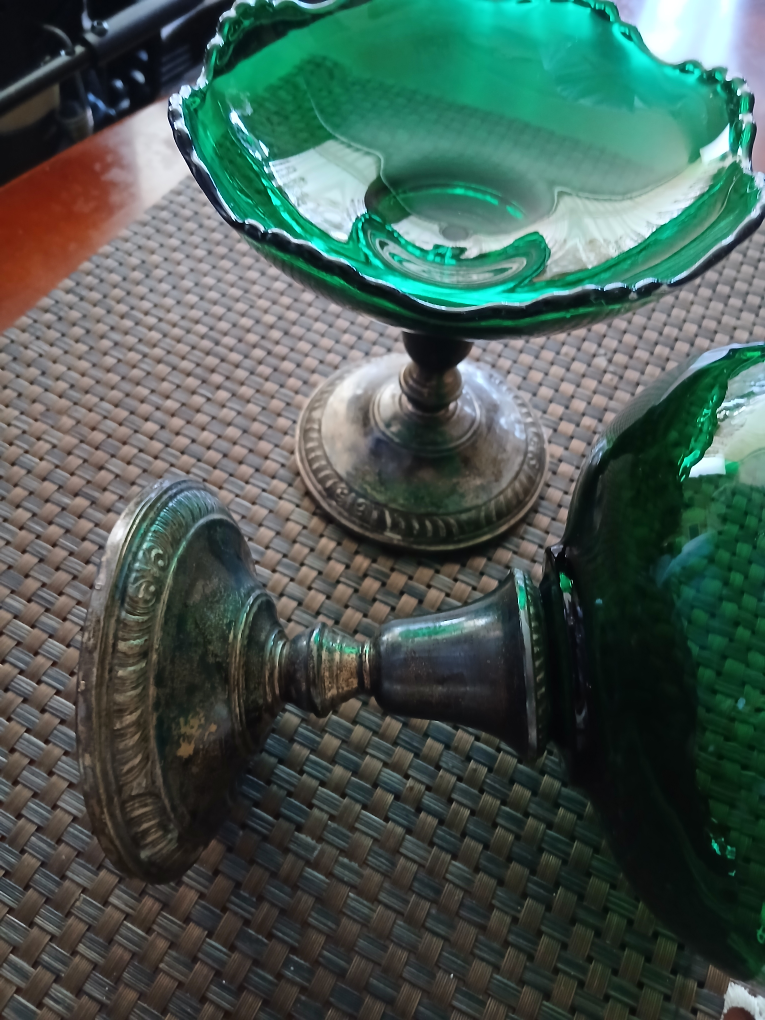 Vintage emerald green glass sterling silver bowl, - photo 5