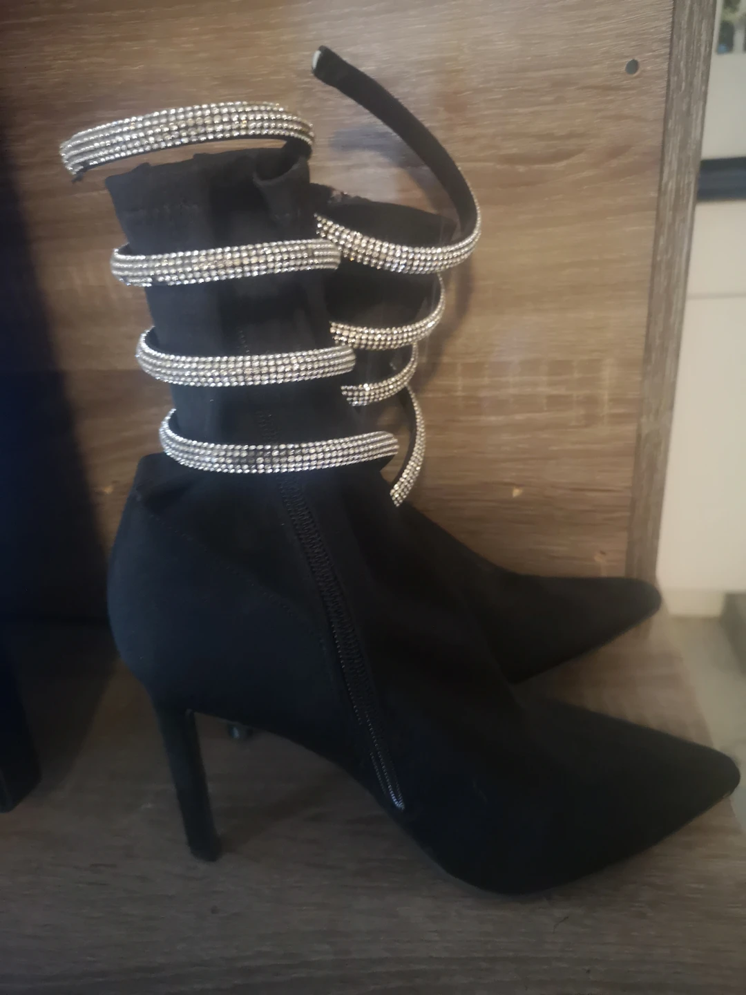 Black Heeled Boots with Rhinestone Wrap