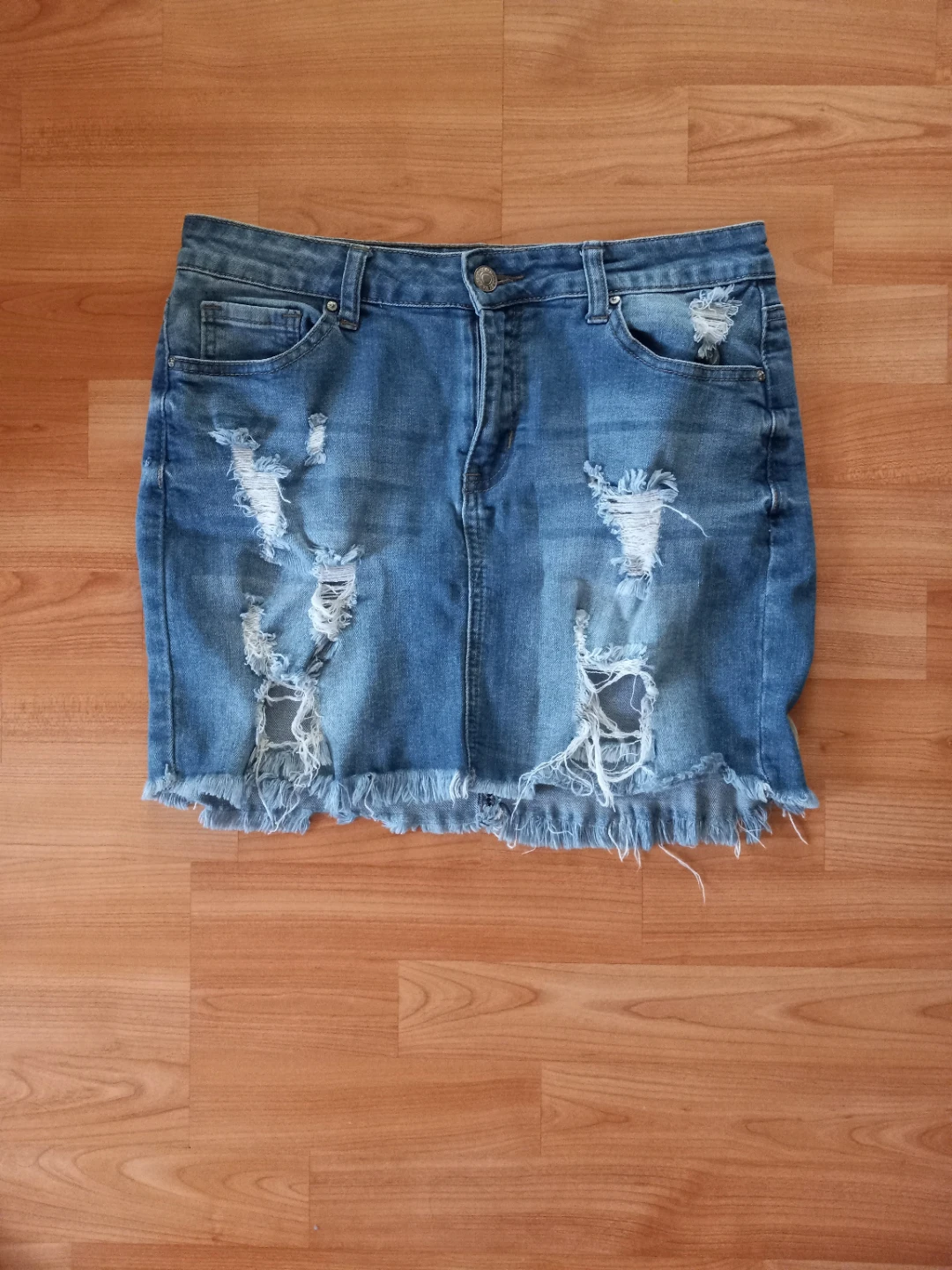 Distressed Blue Denim Mini Skirt  (Medium)