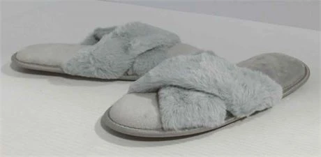Grey Faux Fur Cross Band Slippers