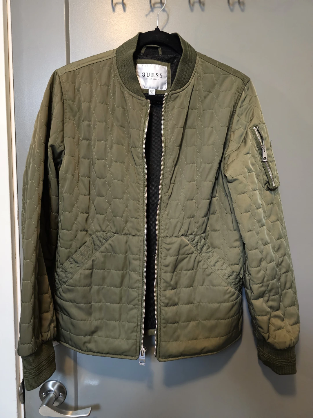 GUESS Quilted Bomber Jacket Olive Green