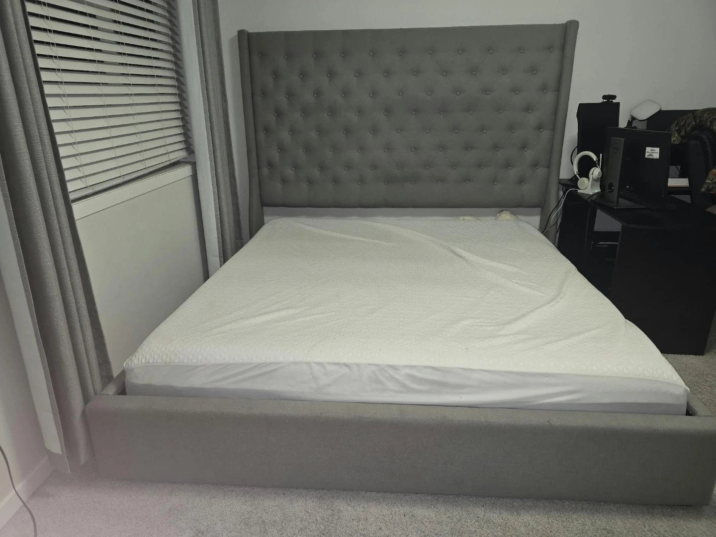 Grey Tufted Upholstered Bed Frame – Like New - photo 2