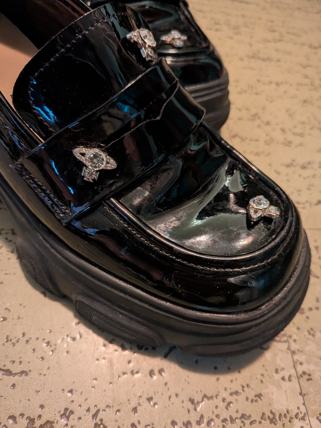 Black Patent Platform Loafers with Crystal Accents - photo 2