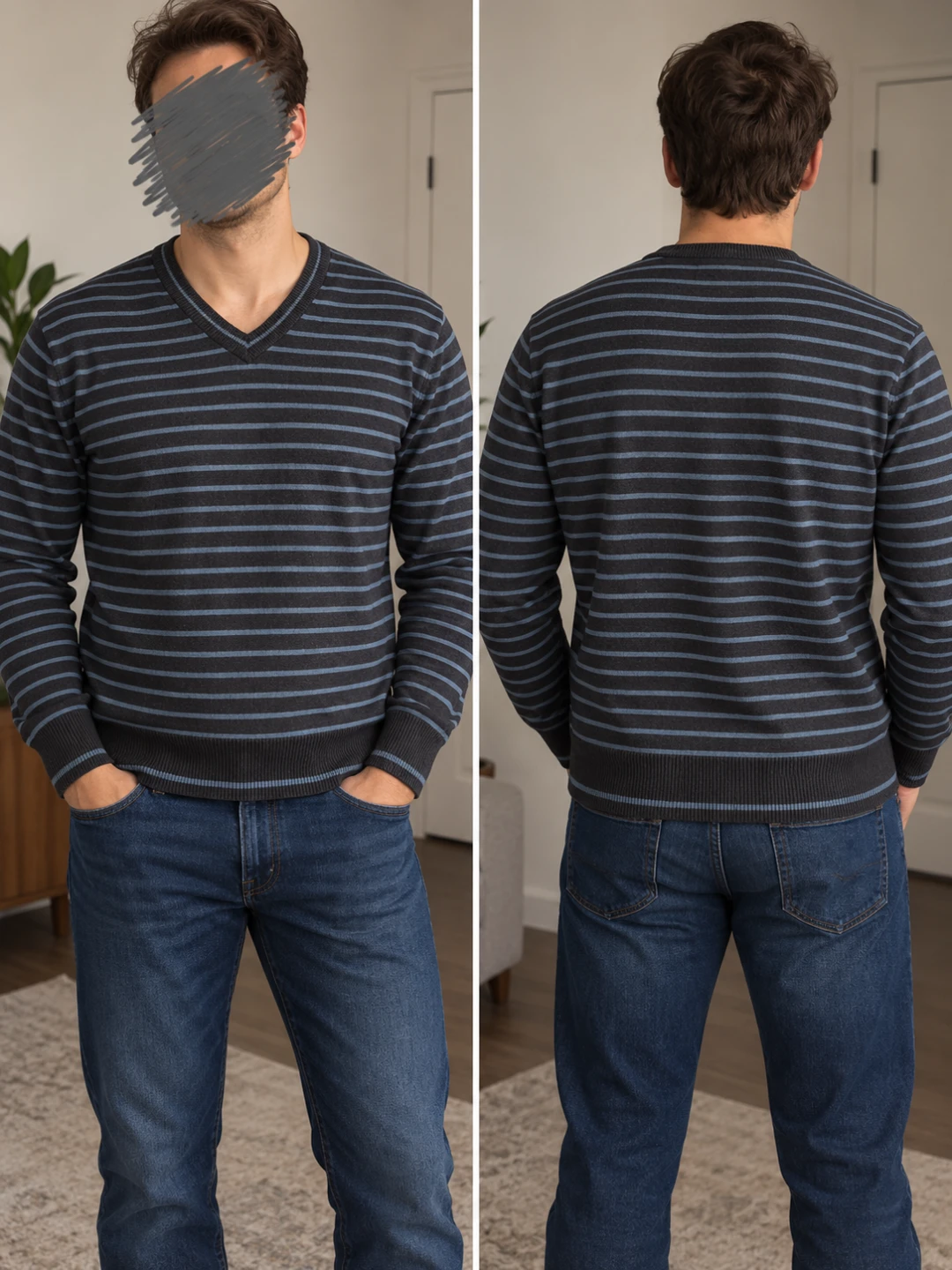 Size L Club Room Striped V-Neck Sweater - Blue/Grey