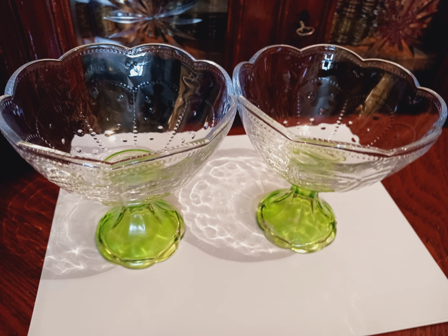 Set of Two Vintage Green Glass Ice Cream/ Dessert Bowls