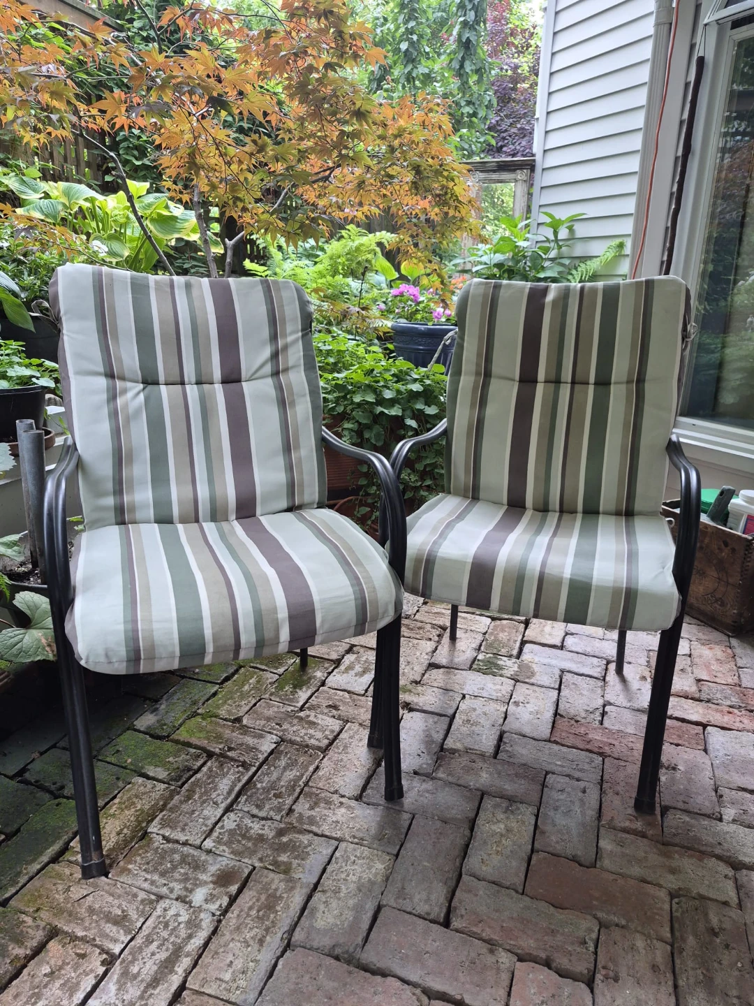 Vintage Sewing Machine Base Table and Two Metal Chairs