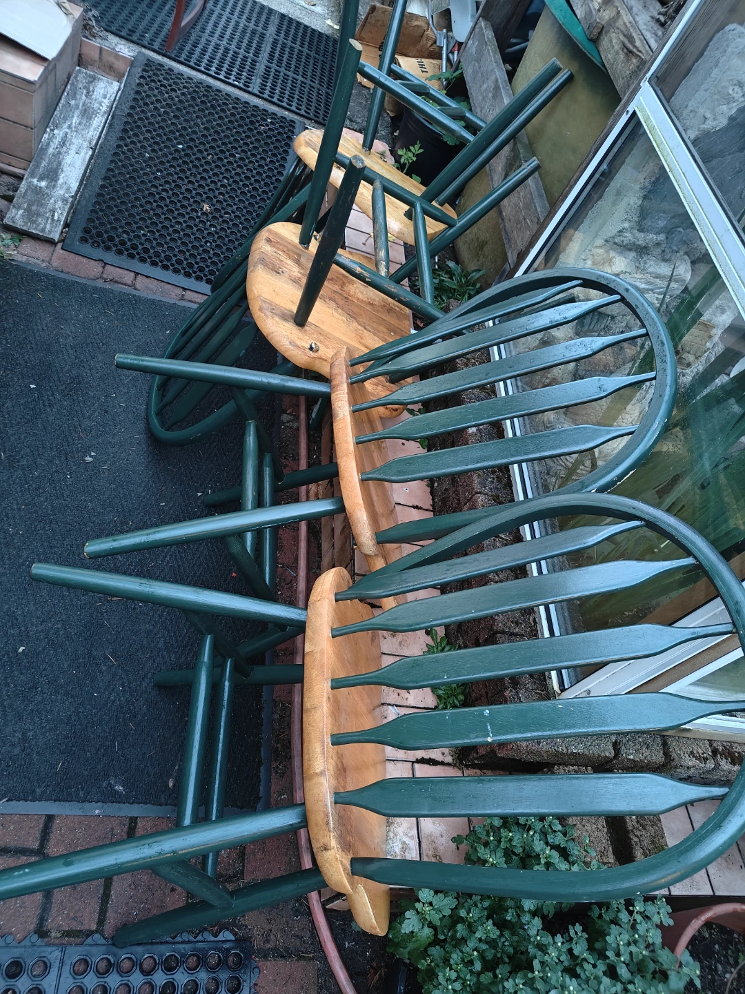 Set of Green and Wood Windsor Chairs