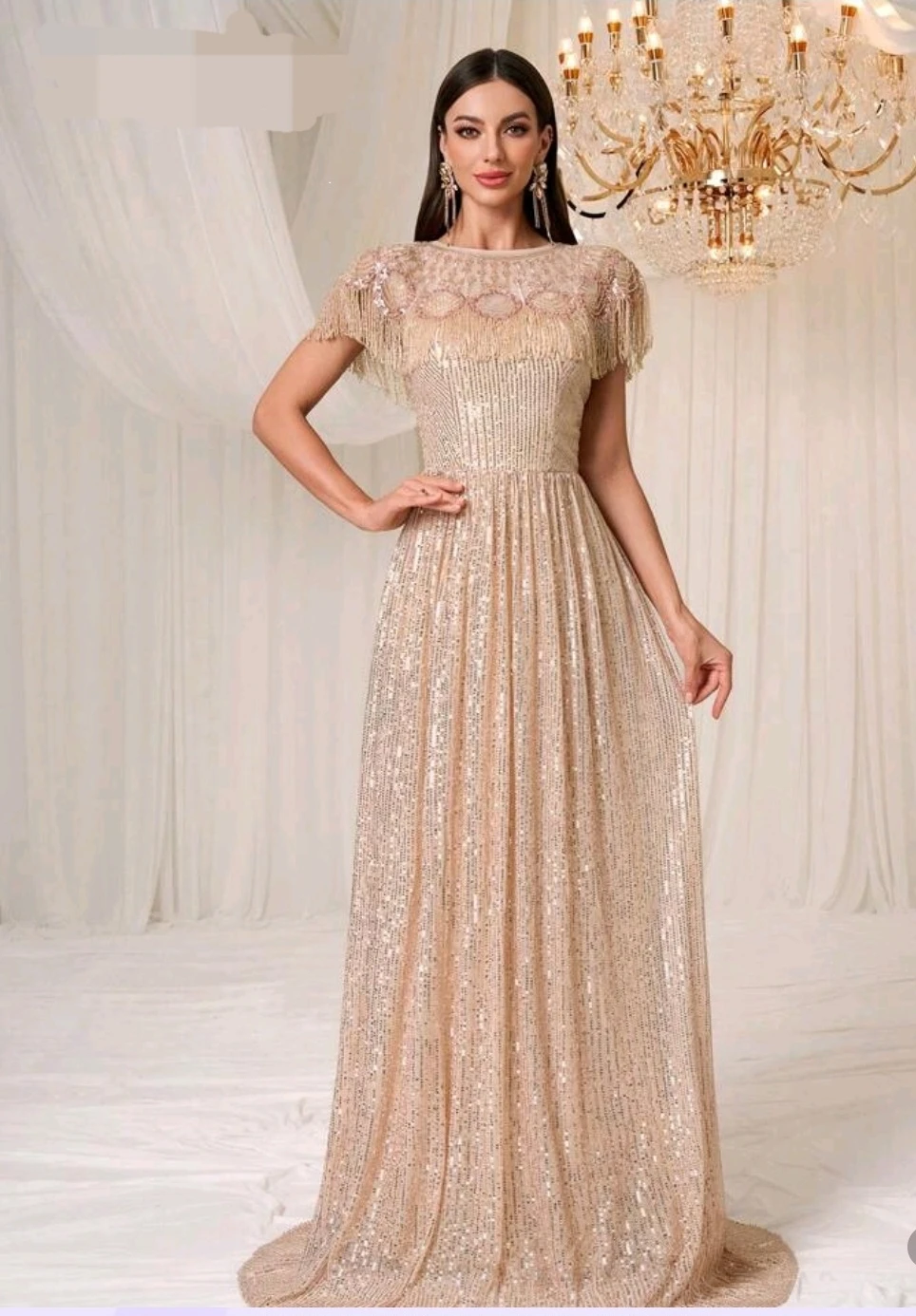 Champagne Sequin Fringe Evening Gown