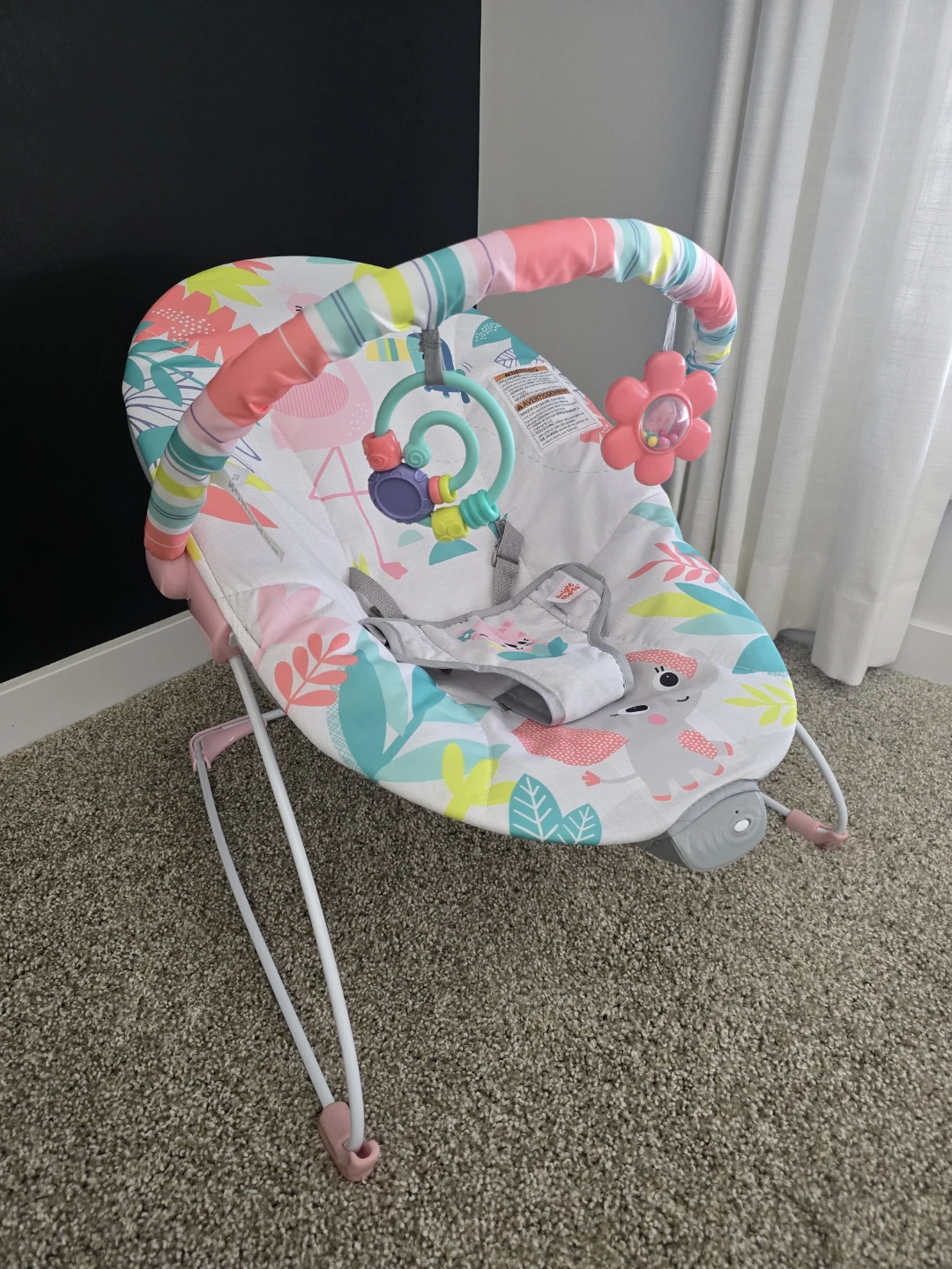 Bright Starts Vibrating, 3 point harness Bouncer with toy bar🦩🐘