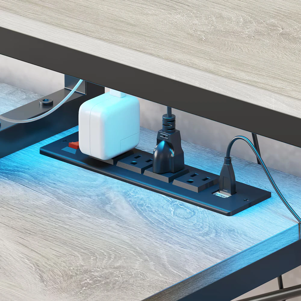 L-Shaped Gaming Desk with LED Lights and Power Outlets - photo 3
