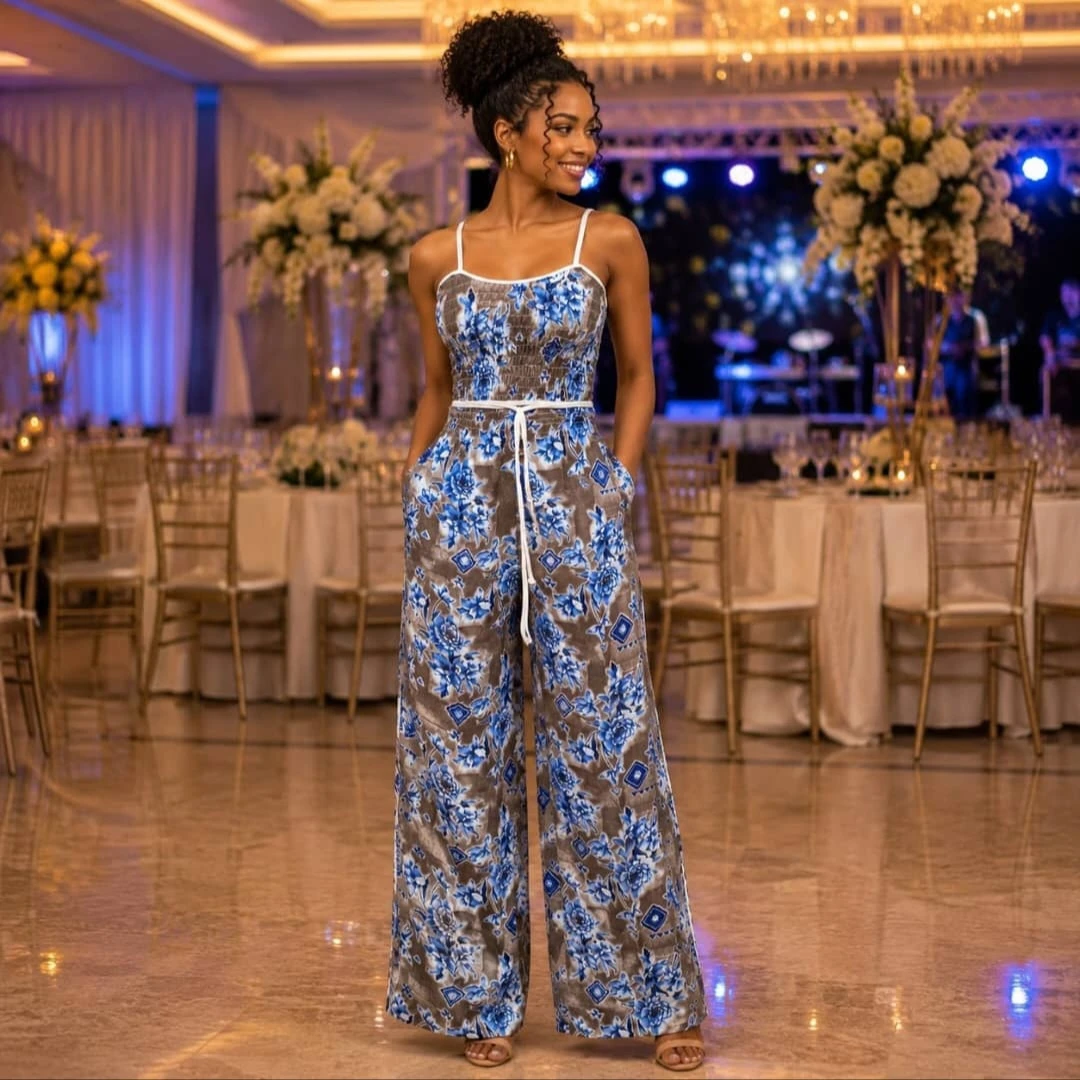 Blue and brown floral jumpsuit