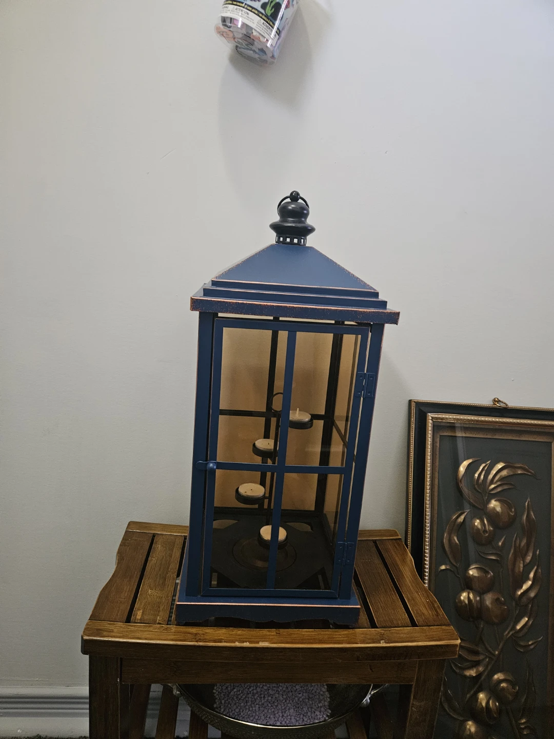 Beautiful Rustic Metal Lantern. Navy blue with Bronze accents.