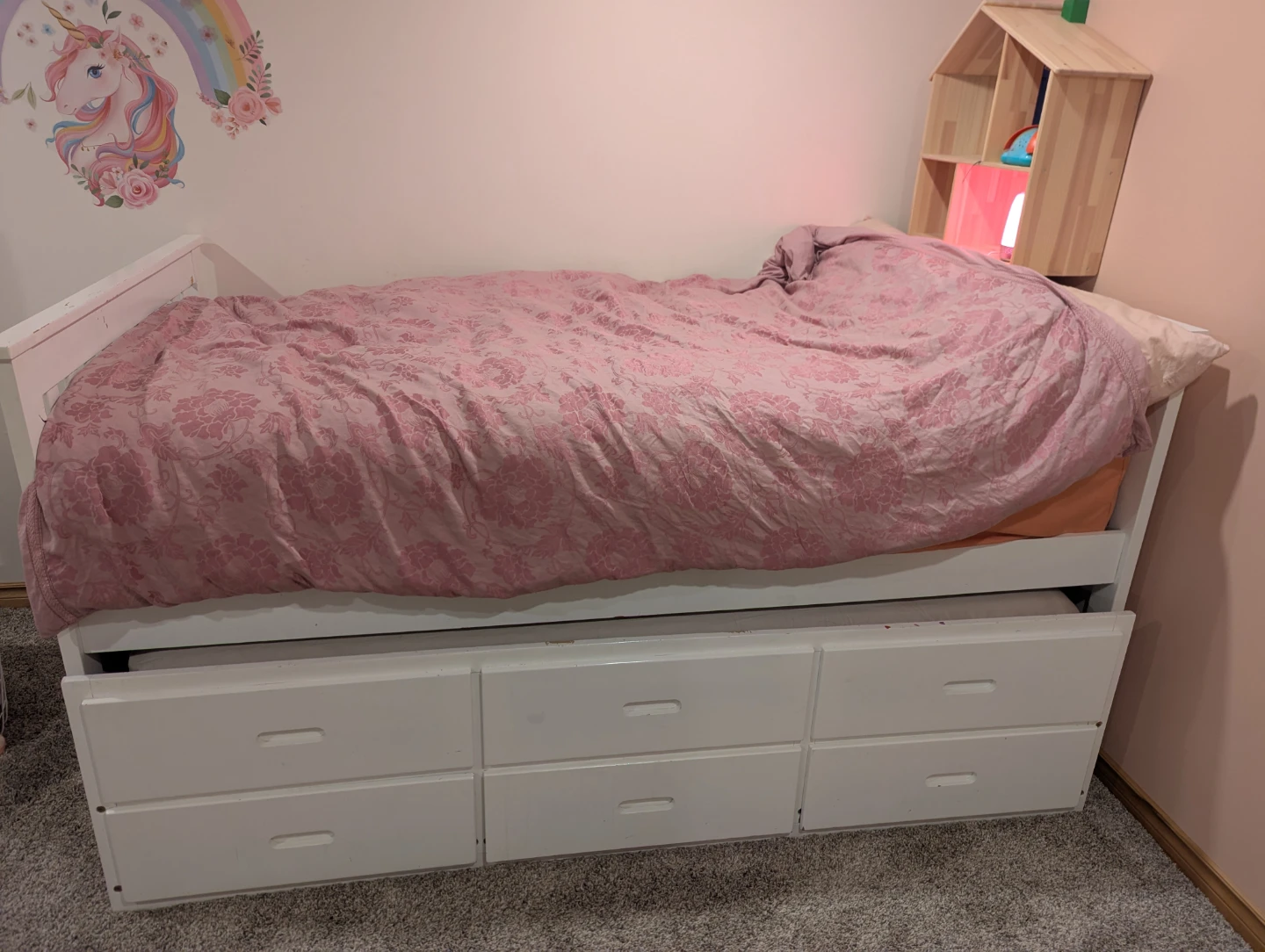 White Single Bed with Trundle and Drawers