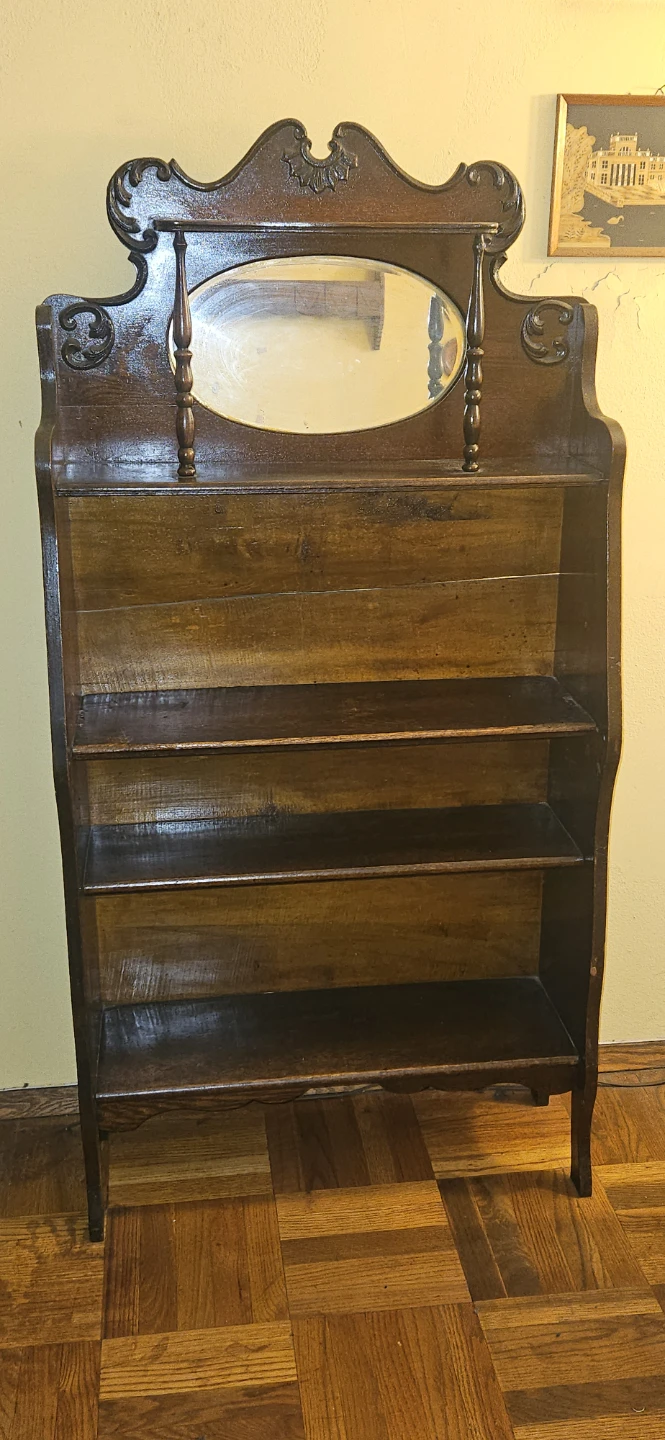 Antique Wooden Curio Shelf with Oval Mirror