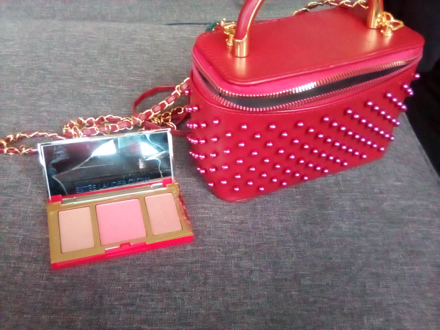 Red Studded Vanity Bag with Estee Lauder Palette - photo 2