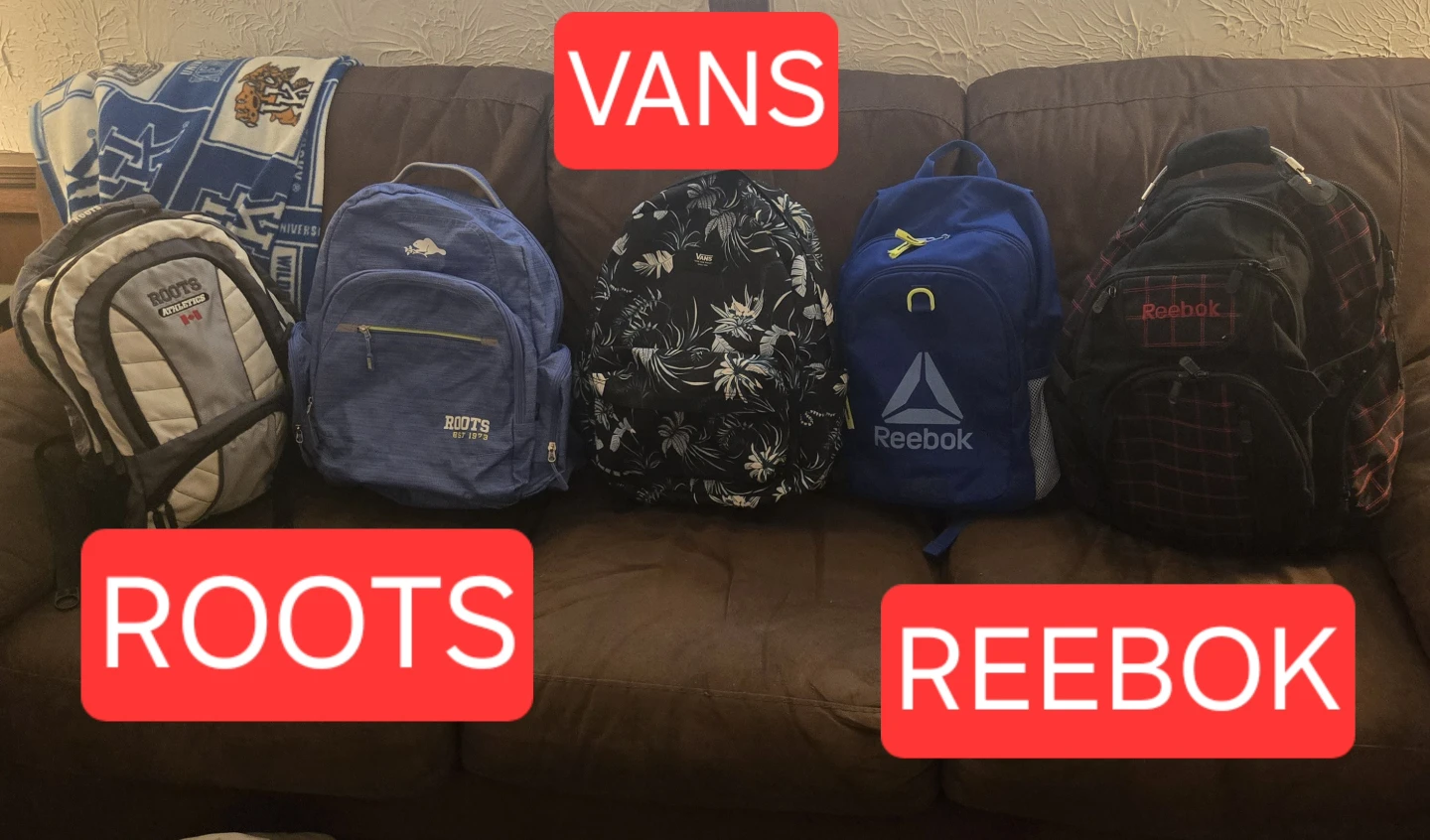 Backpacks - school.  REEBOK, ROOTS,  VANS. EUC.