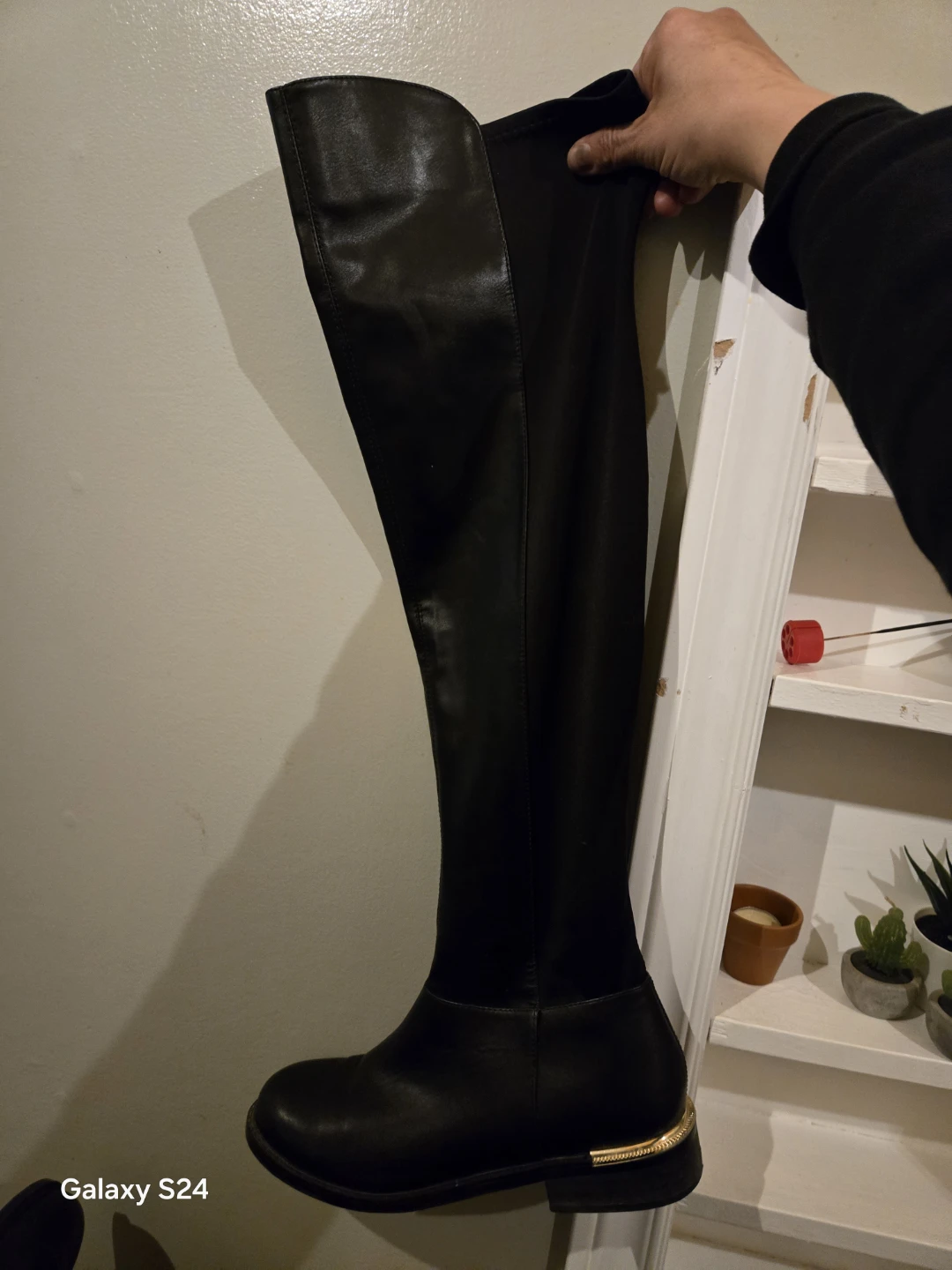 Black over-the-knee boots with gold heel detail - photo 2