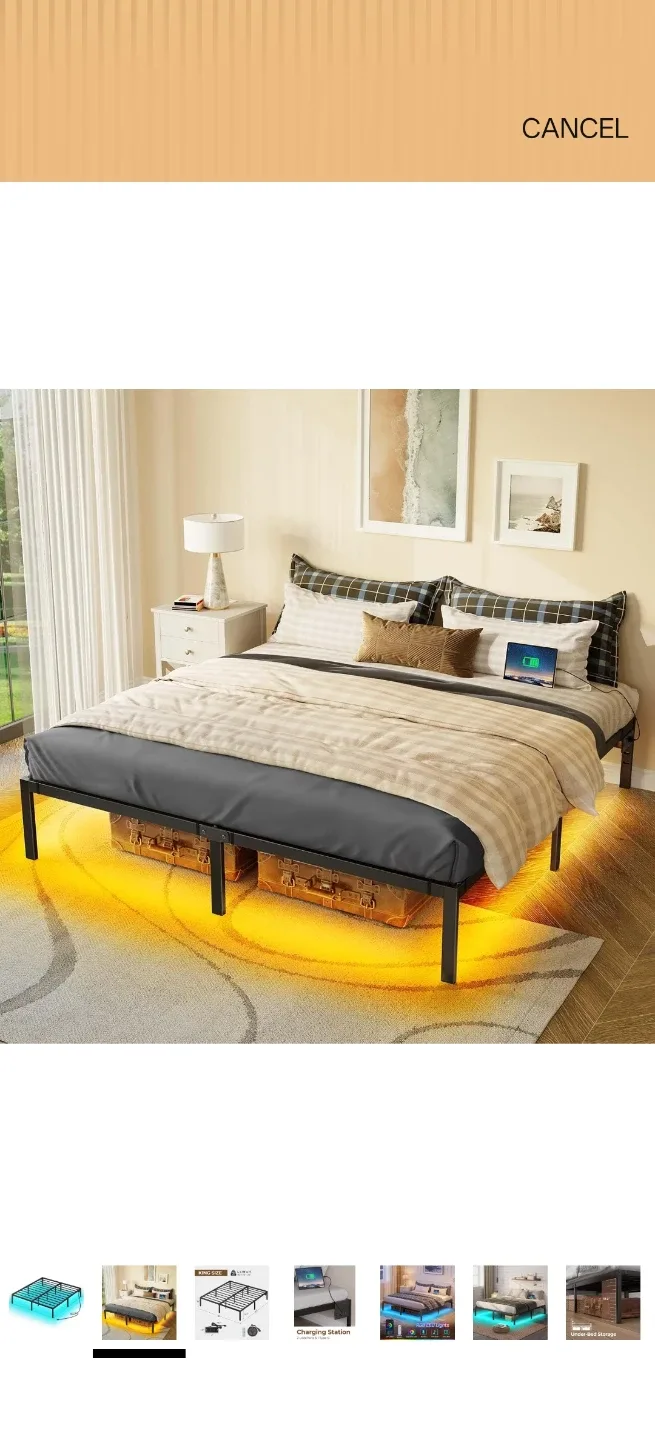 King Size Metal Bed Frame with LED Lights and Charging Station - photo 2