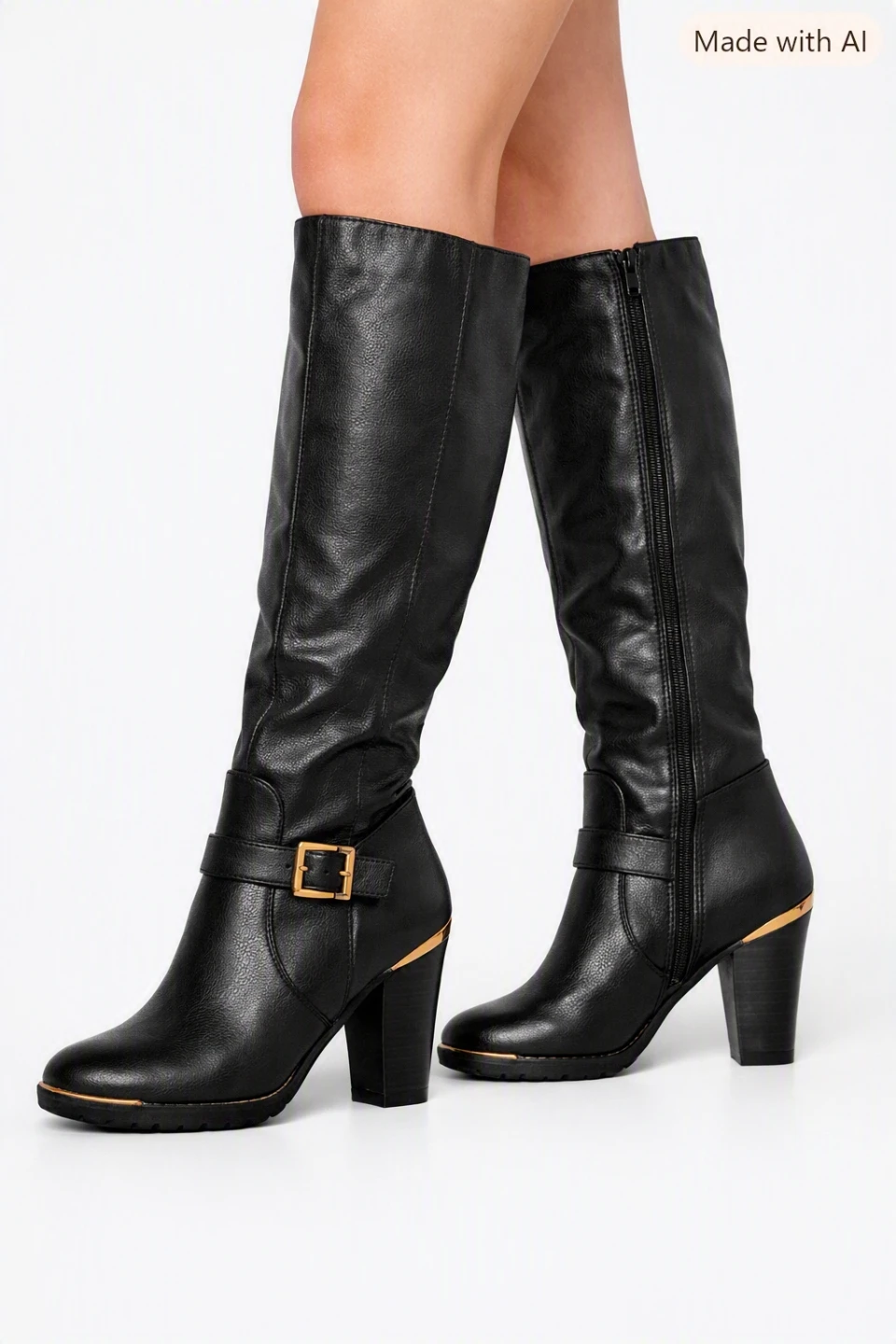 Black Heeled Boots with Buckle Accent