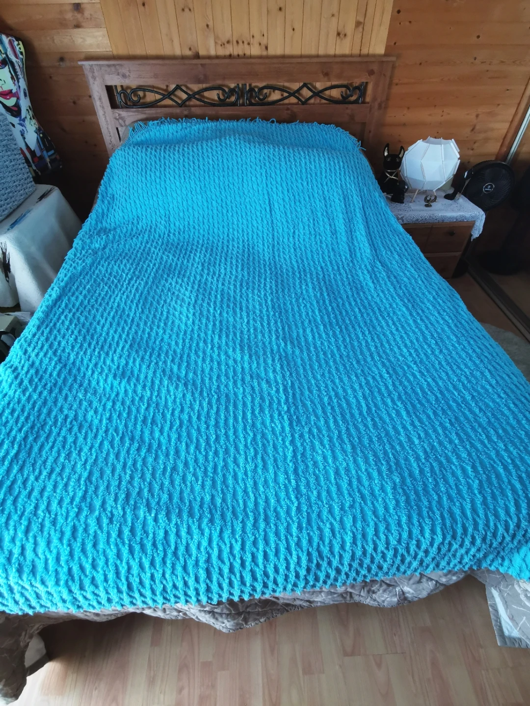 Vintage Aqua Turquoise Chenille Tufted Fringe Throw Bedspread