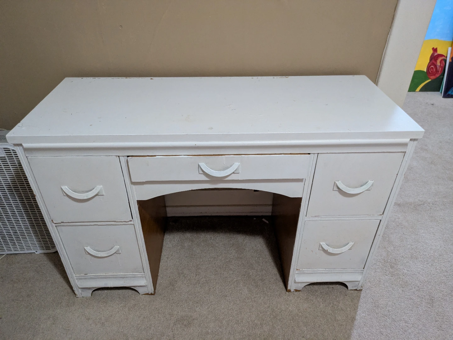 White Wooden Writing Desk with Five Drawers