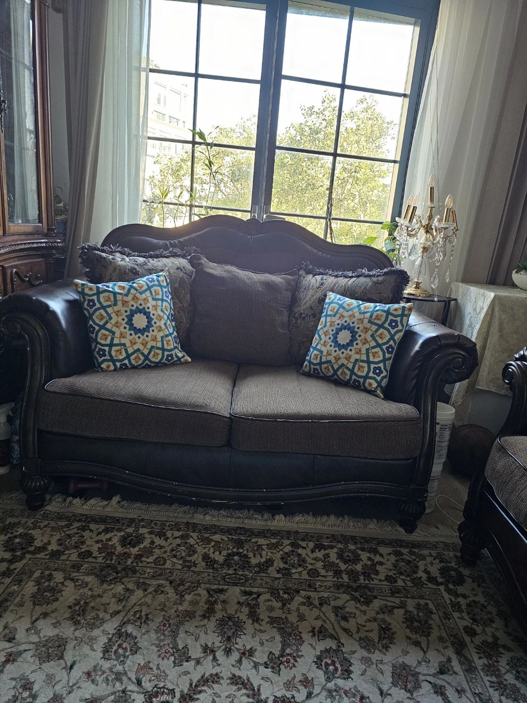 Traditional Brown Leather and Fabric Sofa Set - photo 2