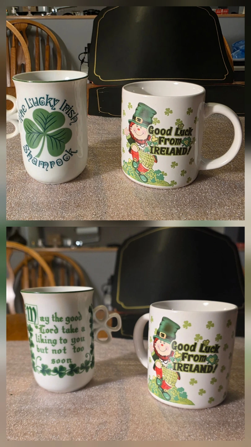 Vintage 1970s Irish Shamrock & Leprechaun Mug Set - 2pc