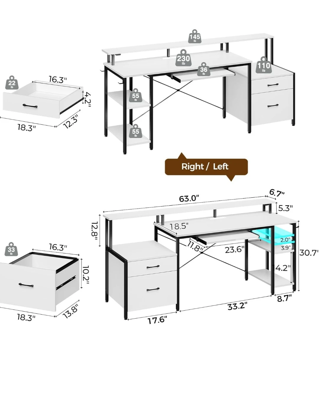 Rolanstar Computer Desk 63" with Power Outlet & LED Light - photo 5