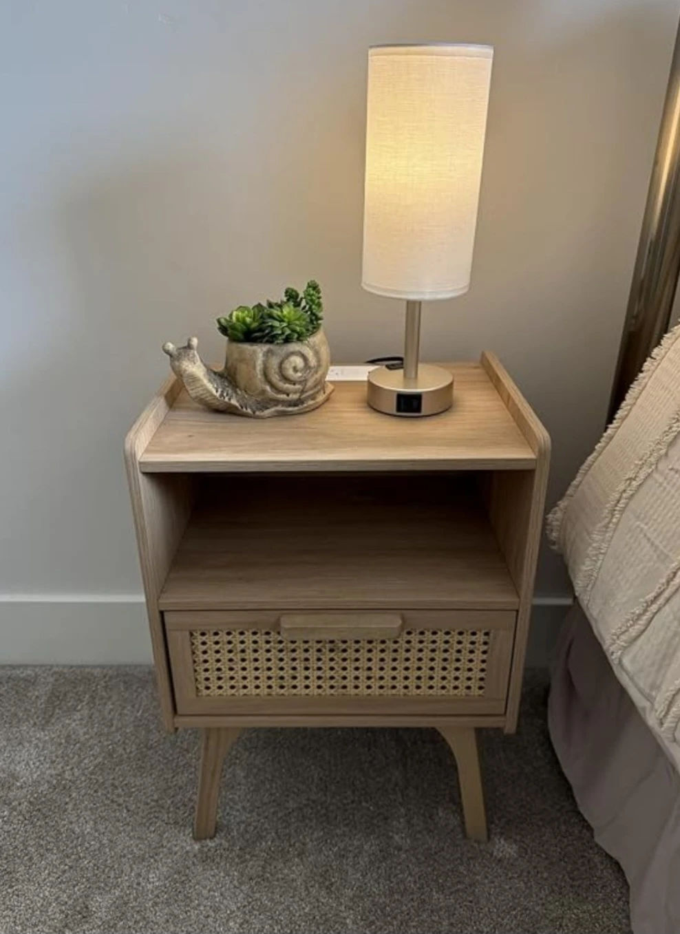 Rattan bedside table with charging station