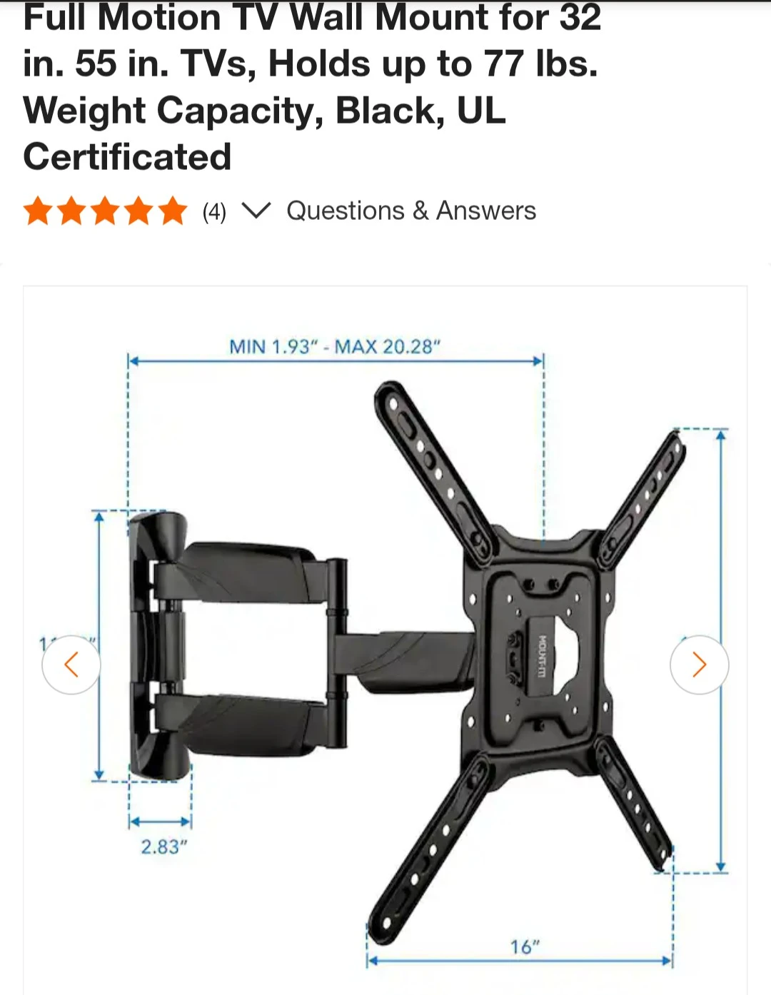 Full Motion TV Wall Mount Kit 32 " - 55" + HDMI Cable