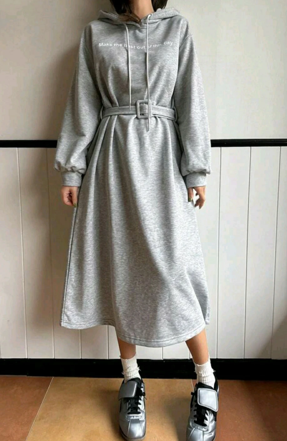 Grey Hooded Sweatshirt Dress with Belt