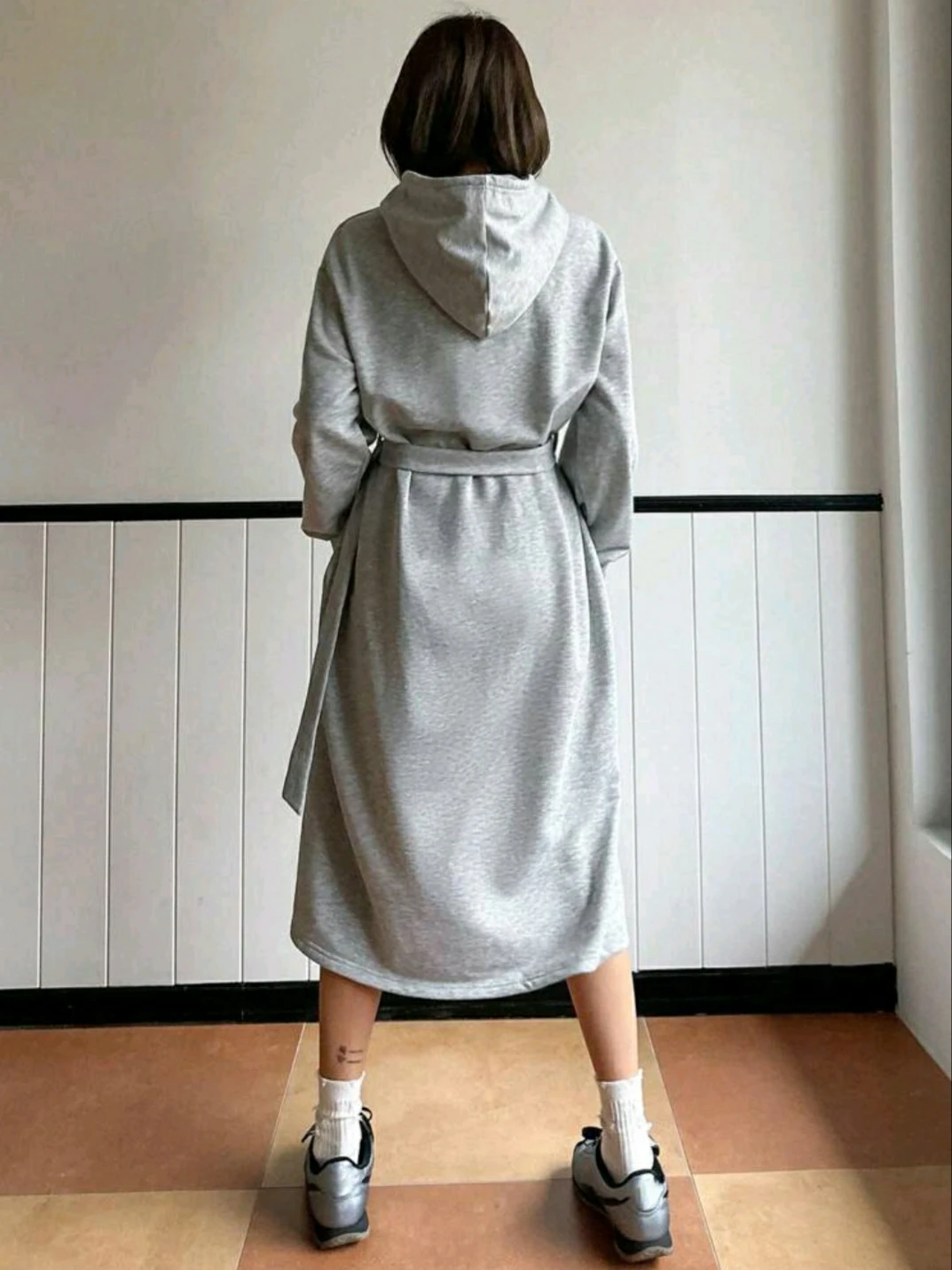 Grey Hooded Sweatshirt Dress with Belt - photo 2
