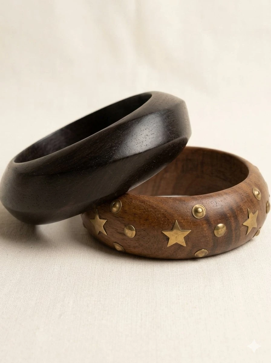 Vintage 1970s Boho Wooden Bangle Set - photo 2