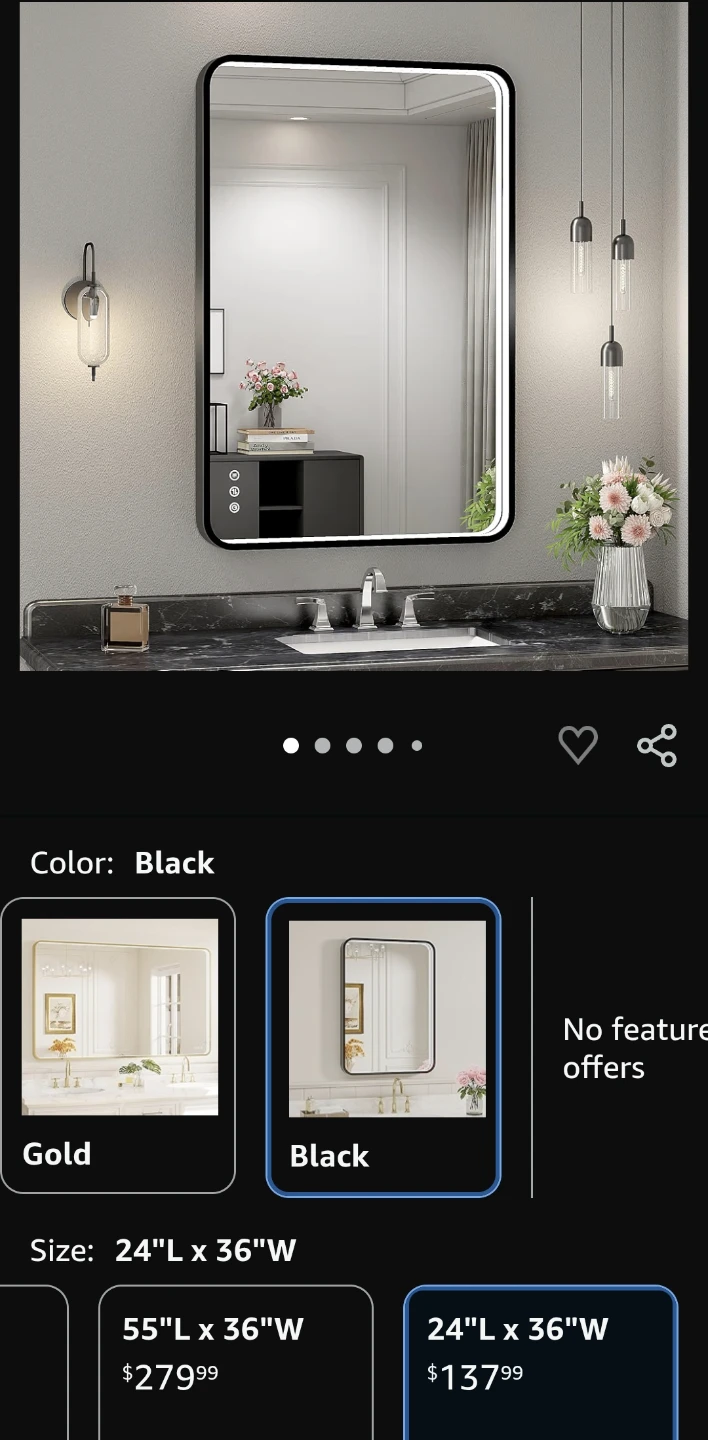Wall-Mounted LED Bathroom Vanity Mirror, 24" x 36", Black