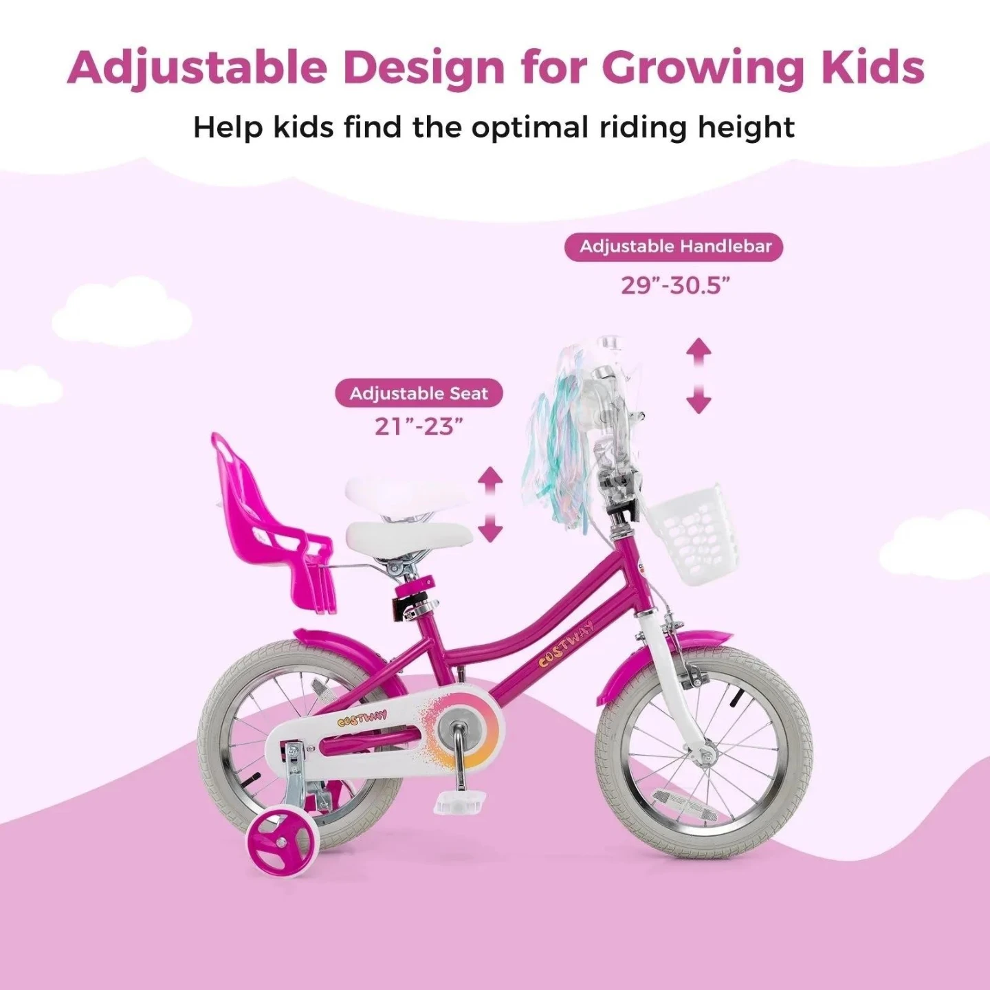 Kids' Pink Bicycle with Basket and Doll Seat - photo 4
