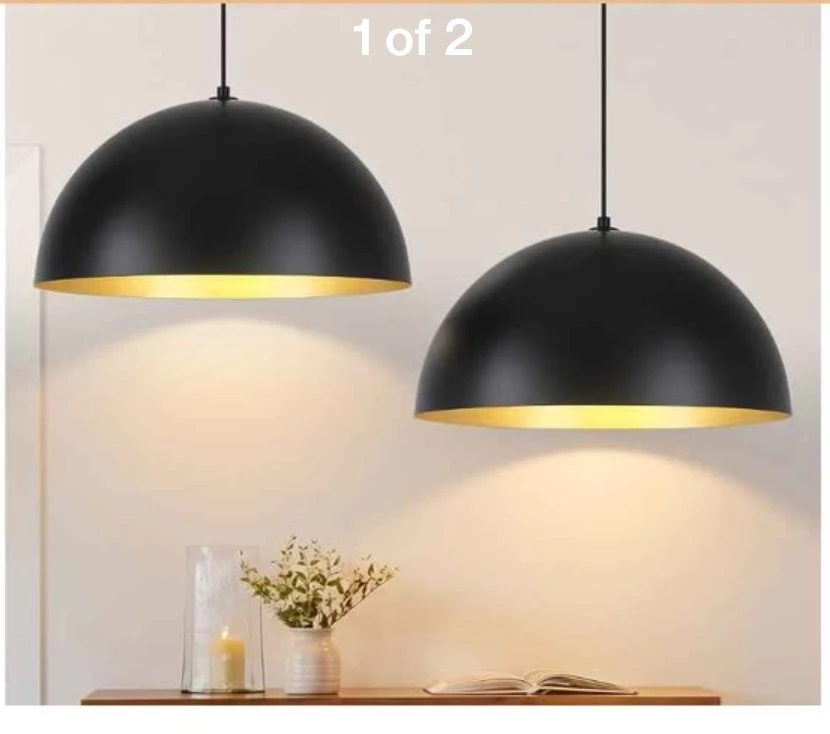 Set of Two Black and Gold Dome Pendant Lights