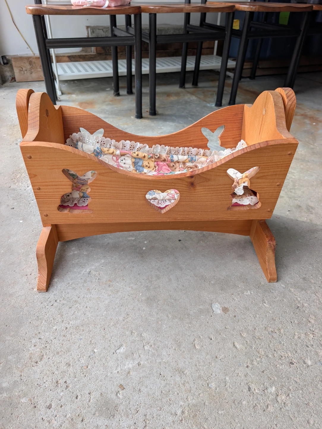 Real wooden Baby Doll Cradle with Teddy Bear Bedding