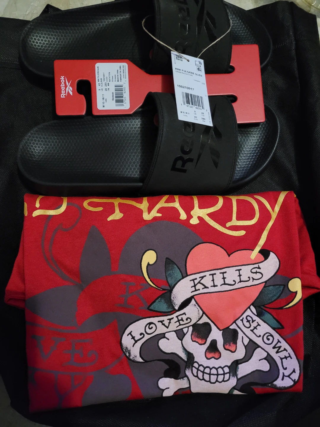 New Reebok Slides and Ed Hardy T-Shirt