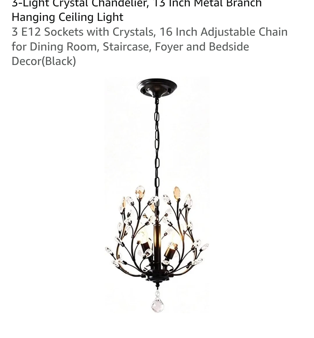 3-Light Crystal Chandelier Black