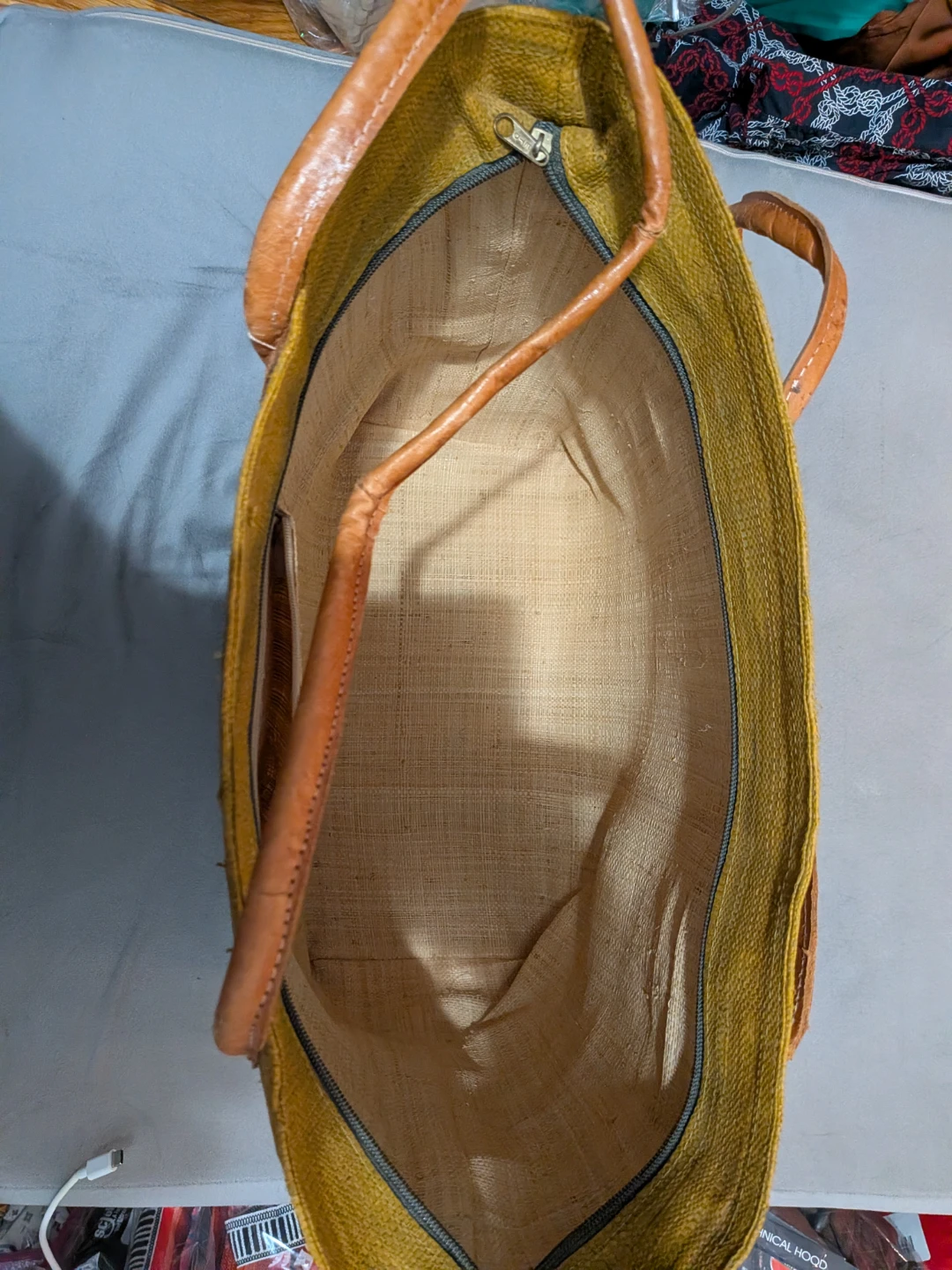 Woven Mustard Yellow Tote Bag with Leather Accents - photo 2