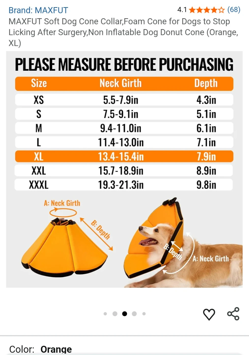 MAXFUT Soft Dog Cone Collar - Orange, XL - photo 3